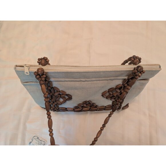 Vntg Fine Arts Bag Co Beige Linen & Wood Bead Purse Tote Zips Close Dual Handles - Picture 7 of 13